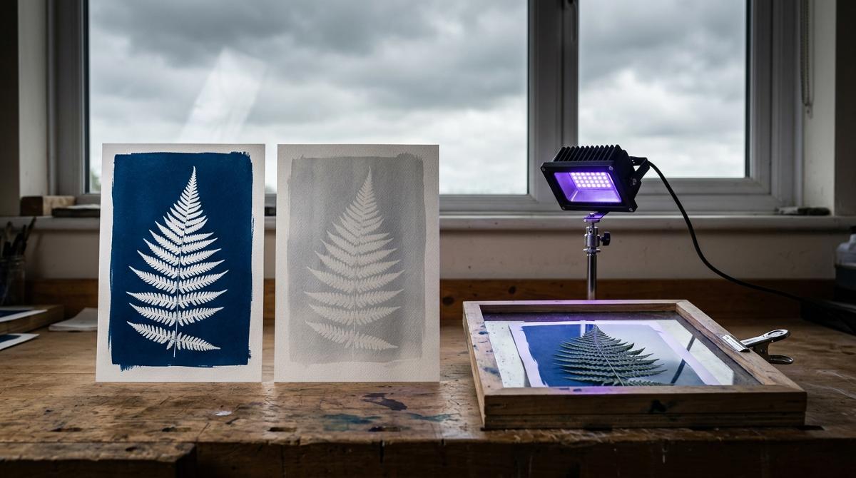 Sunlight vs UV Lamp for Cyanotype — photo in a real-life setting