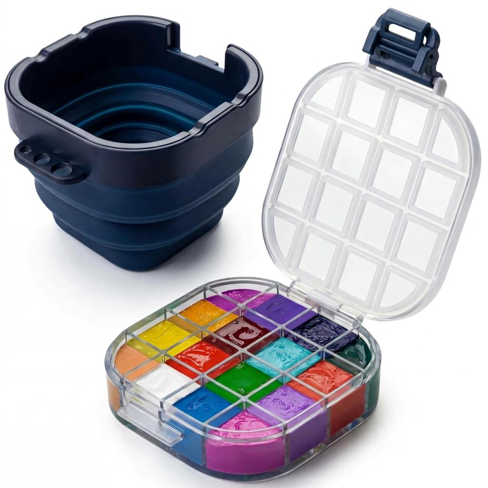 airtight travel palette with deep wells and a collapsible water cup