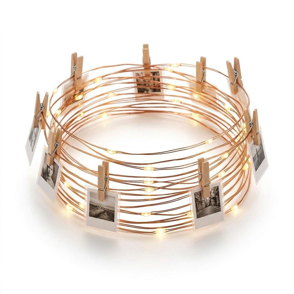 string lights with clips for hanging instant prints on a wall