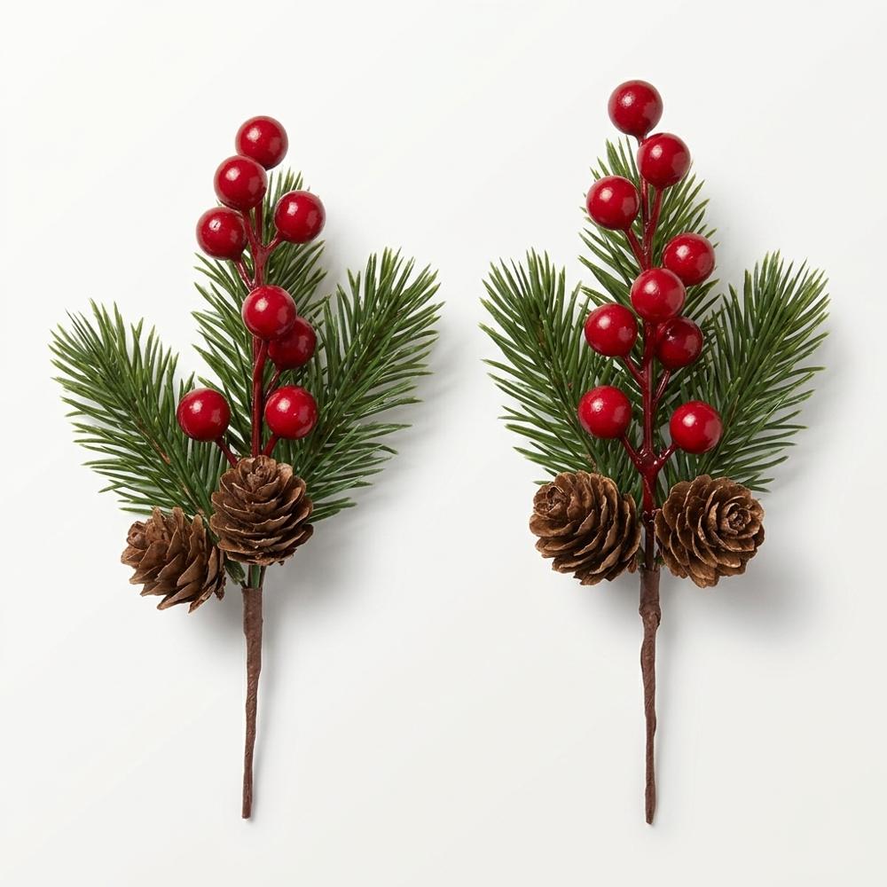 faux pinecone and red berry picks for wreath accents