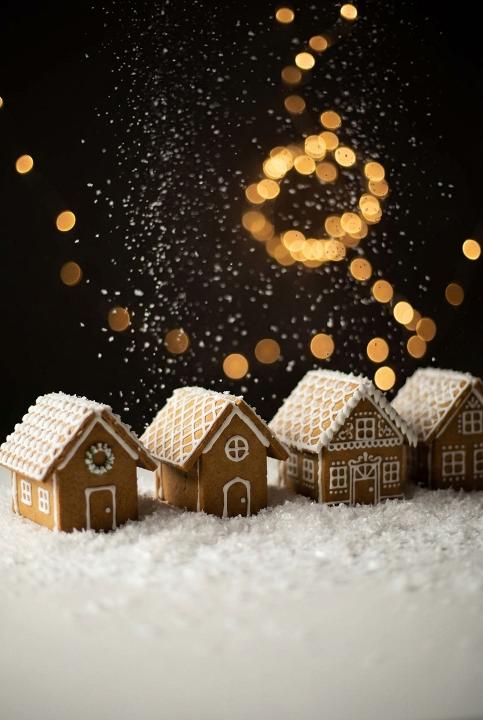 A row of small gingerbread houses