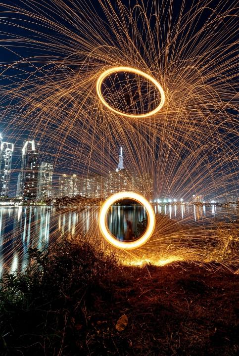 Sparks arcing over the river