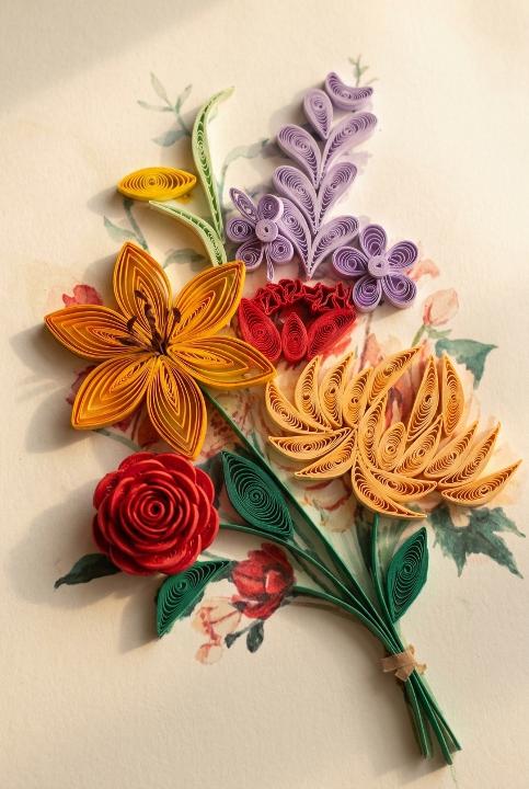 A bouquet of rolled paper flowers