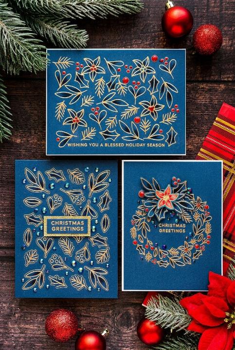 Gold embossed holly on navy