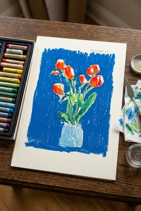 Tulips on electric blue
