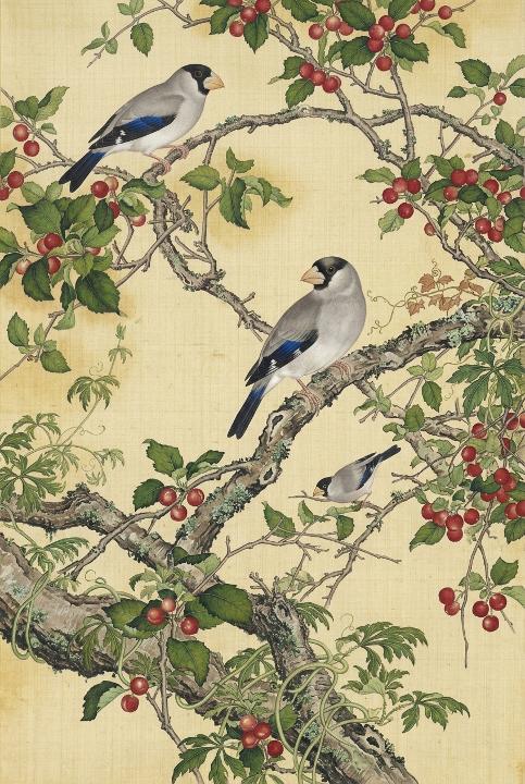 Two grosbeaks on a berried branch