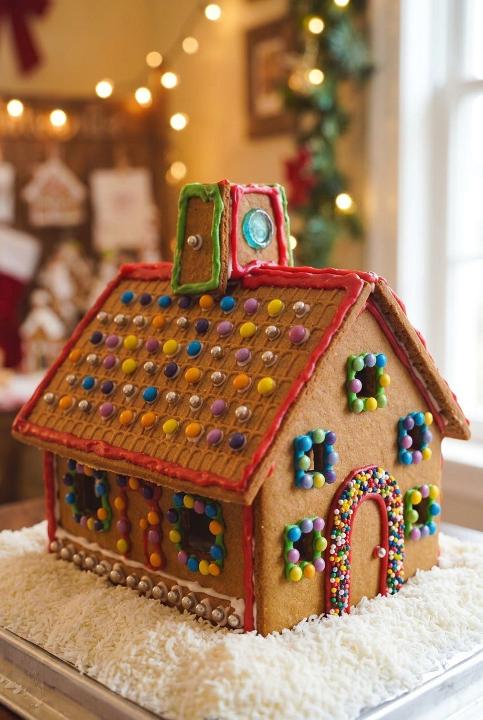 Candy-roofed cottage on sugar snow