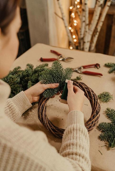 Wiring greens onto grapevine